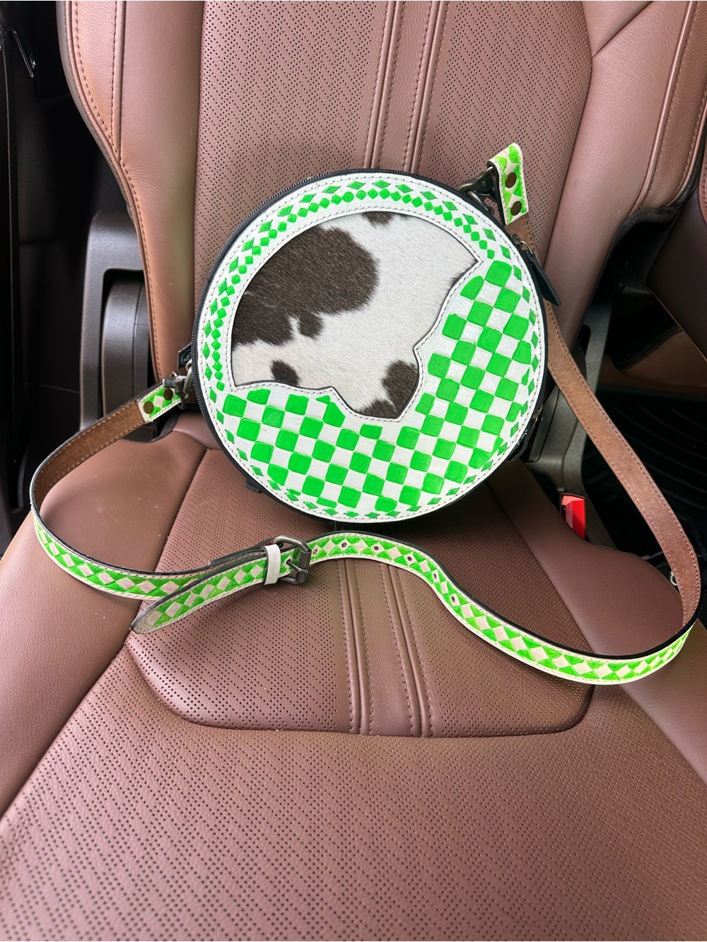 Round Crossbody Bag with Green Check & Cowhide Accent